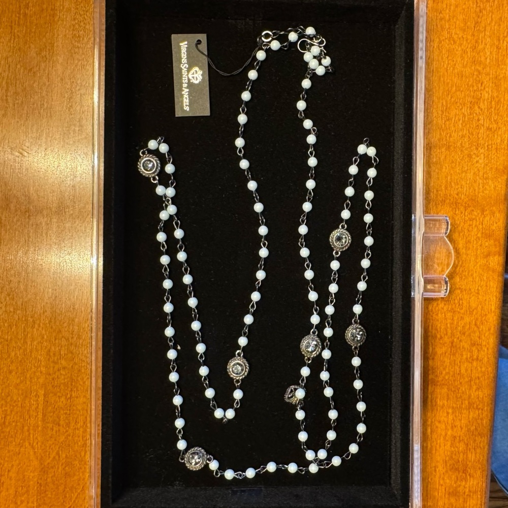 VSA Virgins Saints & Angels Magdalena + Wrap Necklace Set Pale Blue Gunmetal NWT - Picture 7 of 10